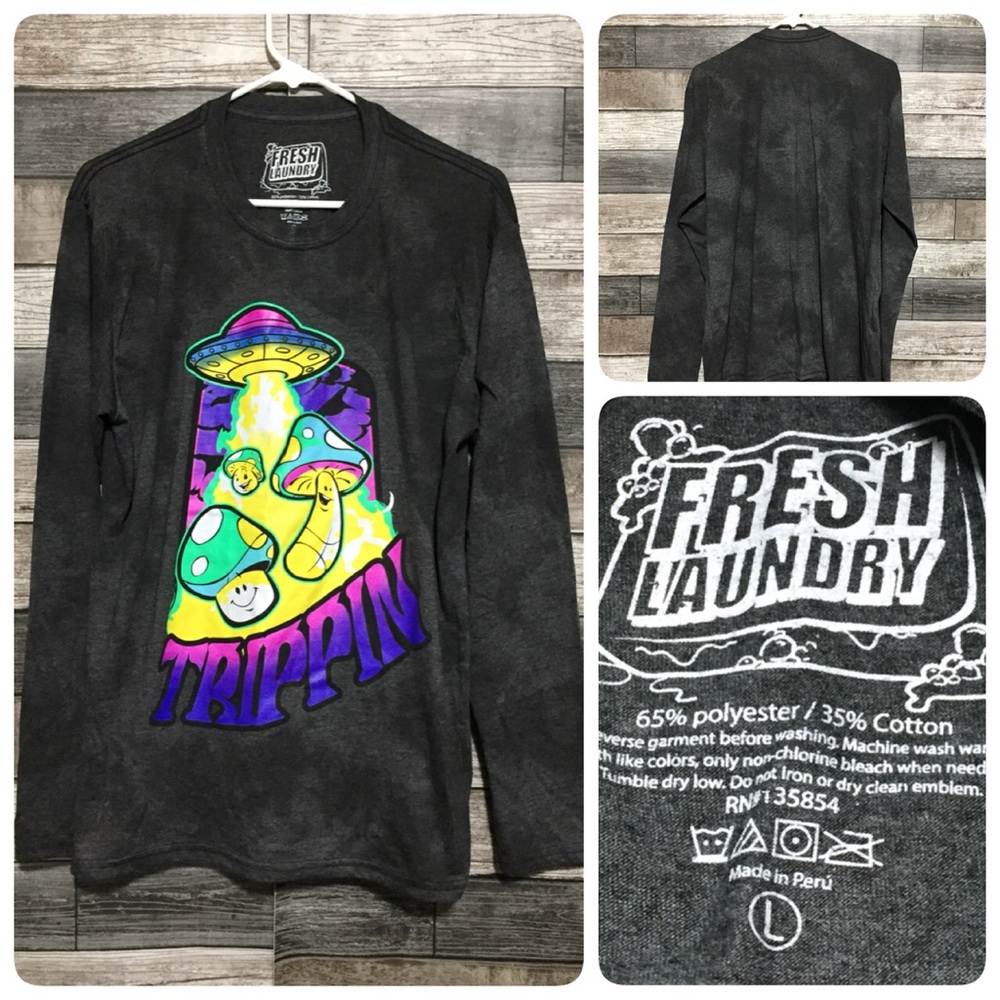 Fresh Laundry Mushroom UFO Print Long Sleeve T Shirt Men’s L Gray Black Tie Dye